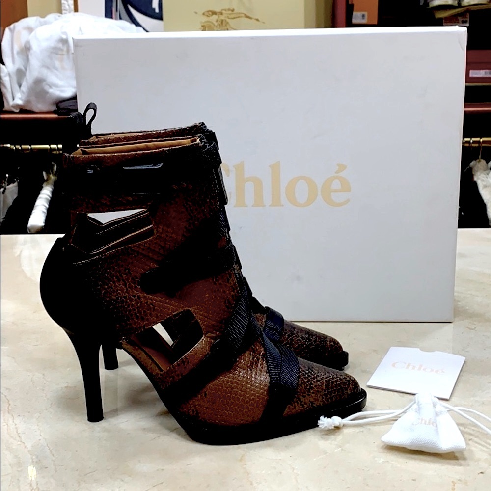 CHLOE TRACY RARE COCONUT BROWN LUXURY SHORT BOOTS IN WATER SNAKE LEATHER EU 38 - Picture 2 of 10